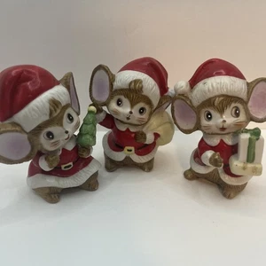 Vintage Christmas Santa Mice HOMCO Set Of 3 Present Tree Ceramic Figurines - Picture 1 of 16