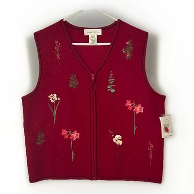 NWT Susan Bristol Vest Sz L Red Boiled Wool Embroidered Garden Floral Y2K VTG - Image 1 of 4
