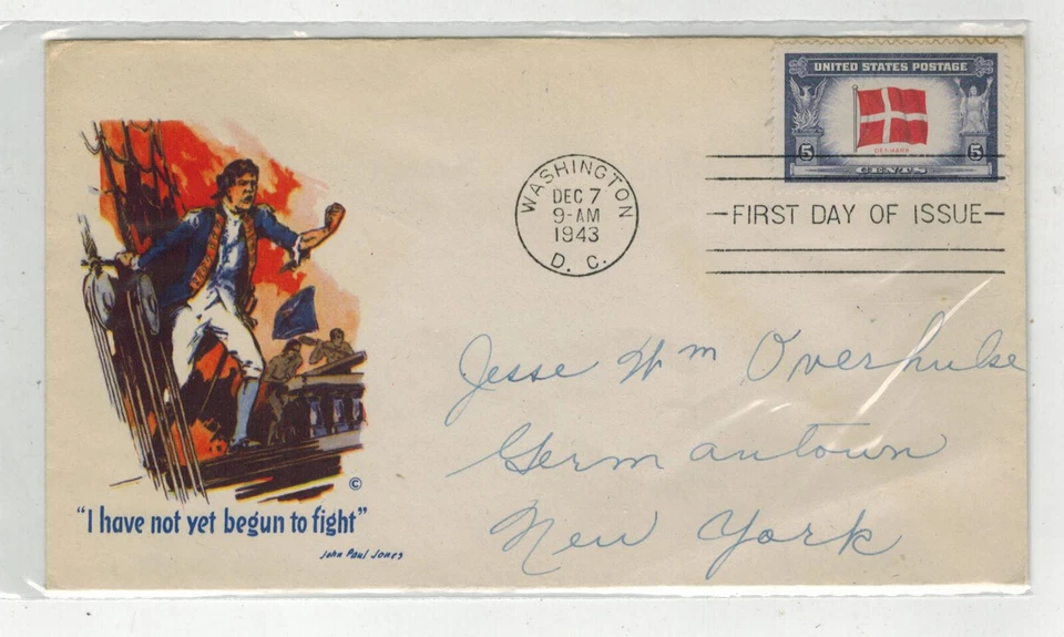 1943 WW2 Patriotic FDC OVERRUN COUNTRIES 920 DENMARK & JOHN PAUL JONES NAVY - Image 1 of 1