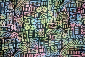 MIXED SYMBOL BATIK IN YELLOW AND PINK ON BLACK- VINTAGE VIP - 100% COTTON FABRIC - Picture 1 of 5