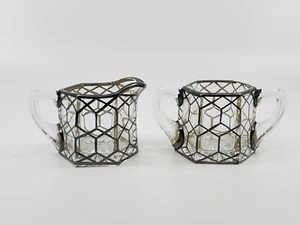 Vintage Glass Creamer and Sugar with Sterling Silver Overlay - Hexagon pattern - Picture 1 of 12