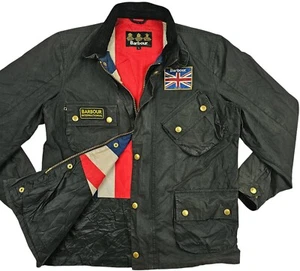 HOT Men BARBOUR UNION JACK PARKA ENGLAND FLAG LINED PATCHED BLACK WAXED Jacket L - Picture 1 of 18