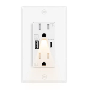 Toma de luz nocturna LED, 24W USB C+A, 4.8A, carga rápida, interruptor de encendido/apagado, blanco - Imagen 1 de 12