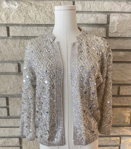 Vintage 1950s Holiday Sweater — Heavily Beaded Silver on Cream Cardigan Size 4/6 - Picture 1 of 10