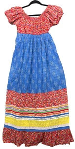 Vintage 70s Prairie Dress Women S M Blue Red Floral Cottagecore Maxi Calico Puff - Picture 1 of 17