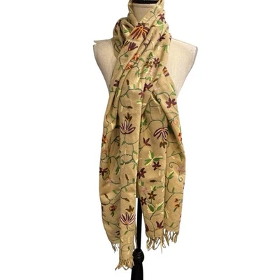 Vintage Oscar Da La Renta Scarf Tan Wool Floral Embroidered Fringe Boho Hippie - Image 1 of 4