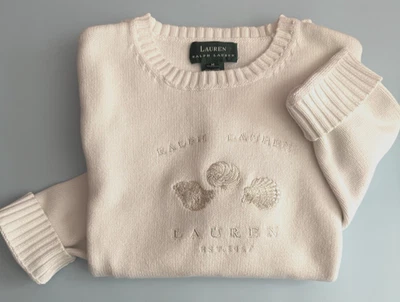 VTG RALPH LAUREN Women's White Knit Sweater Size M Embroidered Seashells Coastal - Image 1 of 4