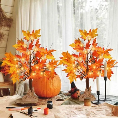 Paquete de 2 luces de árbol de arce de otoño de 2 pies, 24 LED, USB/batería, bellotas, piñas Foto 1 de 4