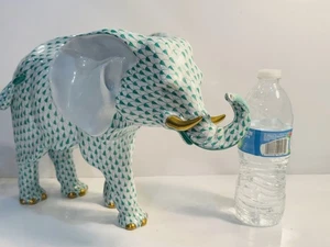 Herend Green Fishnet Large Elephant Hand Painted w/24k Gold Retail $3,635 Mint - Picture 1 of 16