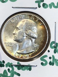 1960-D Silver Washington Quarter - Speckled Rainbow Toning - BU - UNC - NICE! - Picture 1 of 14