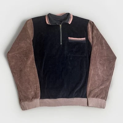 复古 70 年代 Club Hampton 黑色棕色丝绒四分之一拉链长袖 Polo 衫 Med — 第 1/4 张图片