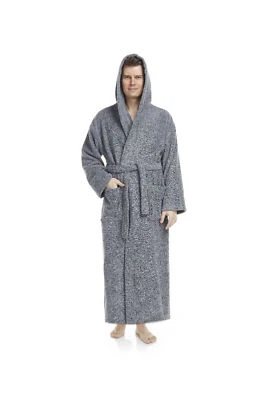 Men's Long Hooded Ankle Length Turkish Cotton Bathrobe Robe MCLASSLONG-GRY-M - Image 1 of 2