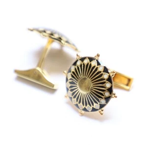 925 Sterling Silver Antique Black White Enamel Gold Plated Round Shape Cufflink - Picture 1 of 4
