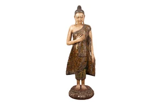 Antiker , Stehender Buddha. Lackiertes & Vergoldetes Holz & Glas. Burma ca. 1900 - Bild 1 von 14
