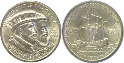 1924 50C Huguenot-Walloon Tercentenary Silver Commemorative Half  AU - Image 1 of 3