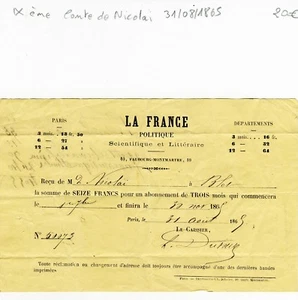 Paris IX ème 10 Faubourg Montmartre - Secteur de la Presse Comte de Nicolaï 1865 - Picture 1 of 1