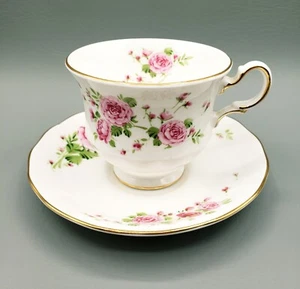 Vintage Tea Cup & Saucer "PINK ROSES" 1974 Avon Fine Bone China England Gold - Picture 1 of 8