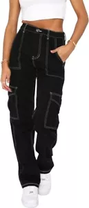 Women's Y2k Style Mid-Rise Wide Leg Straight Boyfriend Cargo Denim Jeans Pants - Picture 1 of 22