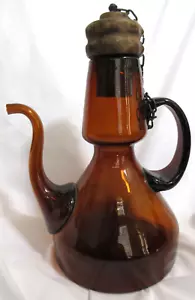 Vintage Glass Coffee Tea Pot w/Chain Wooden Stopper Amber Brown Turkish ? EUC - Picture 1 of 10