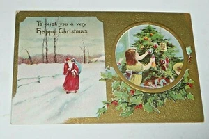 Vintage Weihnachten Santa St. Nick Postkarte mit Baumschmuck Stechpalme Beere Kinder - Bild 1 von 4