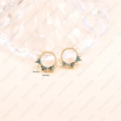 Natural Moonstone&Trillion Moss Agate Daith Piercing Nose Ring Clicker, 14k Gold - Image 1 of 4