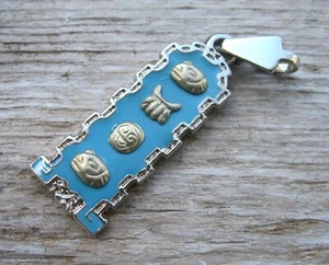 Vintage Mayan Hieroglyphic Cartouche Pendant Silver Tone Metal w/ Enamel Mexico - Picture 1 of 5