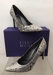 Stuart Weitzman Heist Pumps Metallspitze Python silber Leder spitz zulaufend 10 NEU - Bild 1 von 9