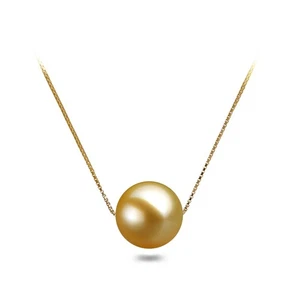 8.5mm Gold Floating Shell Pearl Pendant Necklace 16" Sterling Silver Box Chain - Picture 1 of 6