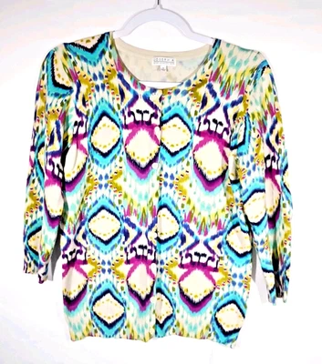 Joseph A Rayon Blend Cardigan Multicolor Peacock 3/4 Sleeve Medium Artsy EUC - Image 1 of 4