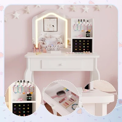 Kids Vanity Lighted Mirror Toddler Vanity Table Chair Set Girls Makeup Playset - Image 1 of 4