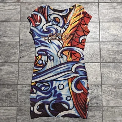 Y2K Ed Hardy Womens Short Sleeve Top Dress Tattoo Koi Fish Logo All Over Print - image 1 of 4
