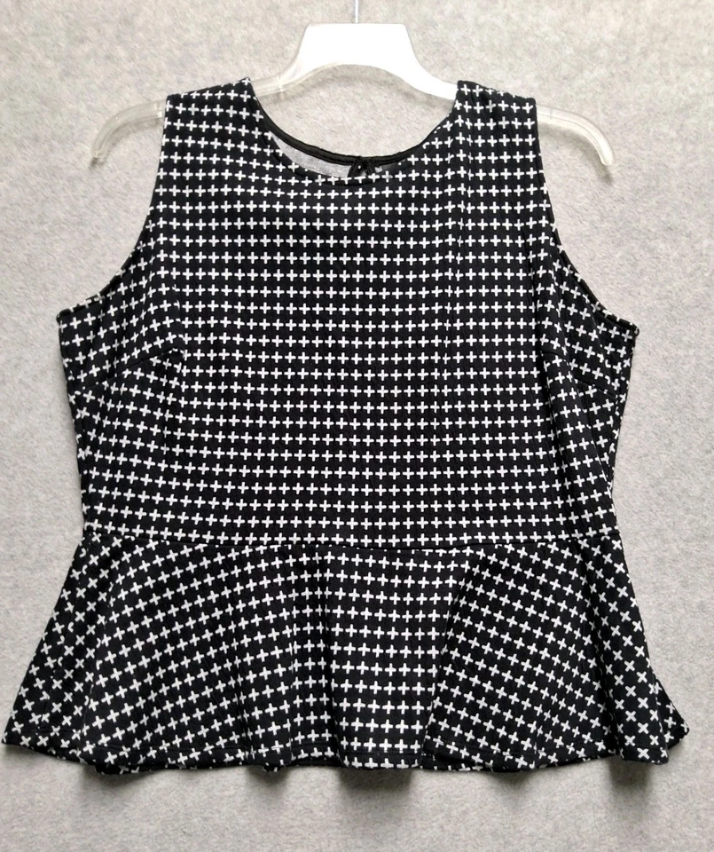 Worthington PXL Peplum Top NWOT Black White Cross Print Y2K Boho Mod Retro - Image 1 of 4