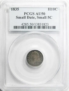 1835 H10c Busto Cappato Mezza Dima, Piccola Data, Piccolo 5C PCGS AU-50 - Foto 1 di 3