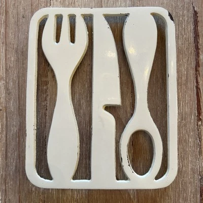 MCM TRIVET Fork Knife And Spoon Cream Enamel Cast Metal Vintage Retro Farmhouse - Image 1 of 3