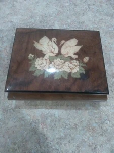 Vintage Wooden Music/ Jewelry Box/ Italy/Swans and Flowers inlaid - Picture 1 of 7