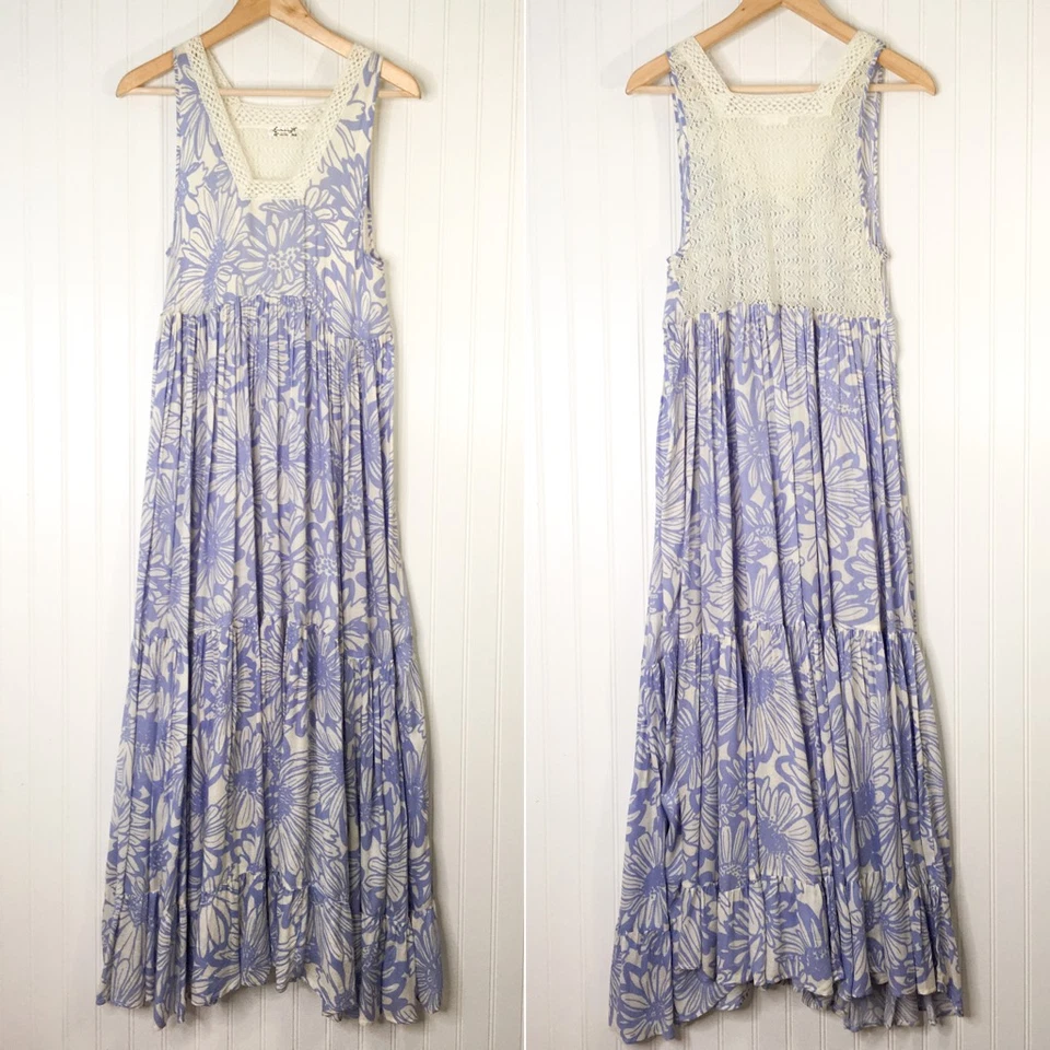 Vestido Free People Mujer Azul Blanco Floral Maxi Sin Mangas Crochet XS Foto 1 de 4