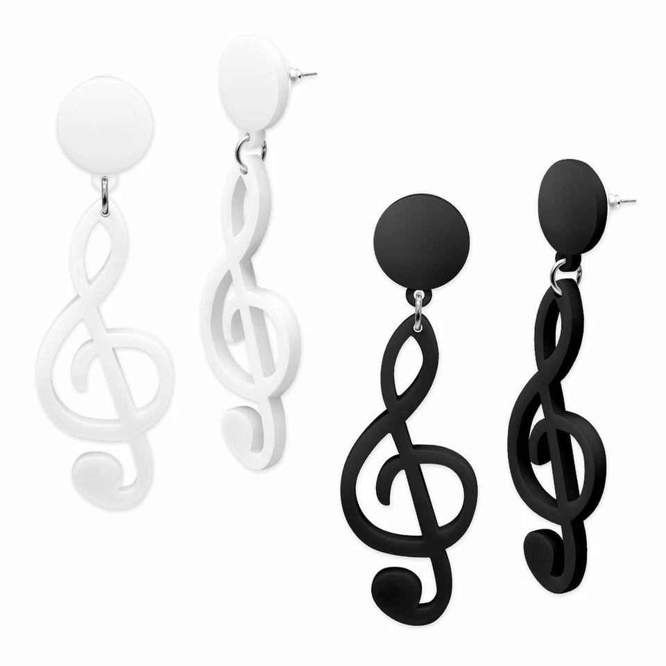 1 Paar Kunststoff Ohrhänger Ohrstecker Ohrringe schwarz weiß Notenschlüssel 80er - Bild 1 von 1