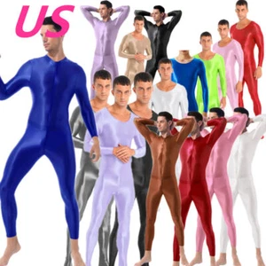 Herren Jumpsuit Einteiler Catsuit glänzend Öl Langarm Unitard Bodystockings - Bild 1 von 70