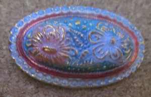 1-Czech Glass Gold Accented Flowers on a UV Reactive Oval Black Button #50 - Picture 1 of 7
