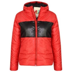 Kids Girls Boys Red Contrast Panel Jackets Hooded Padded Quilted Warm Coats 5-13 - Picture 1 of 8