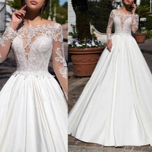 Wedding Dress A-line Satin Chiffon Floral Embroidery Applique Illusion Sleeves - Picture 1 of 15