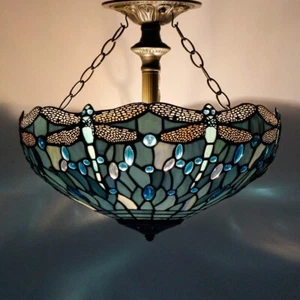 Tiffany Style  Ceiling Light Fixture Sea Blue/ Green Stained Glass - Picture 1 of 3