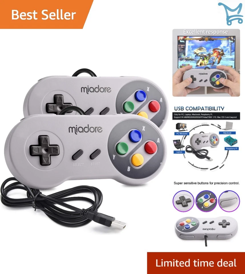 2 Pack USB Controller for S-N-E-S Retro Gaming Gamepad Joypad for PC MAC Linux - Image 1 of 4