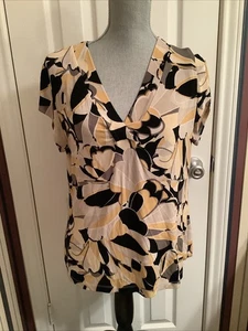 Chicos  Travelers Cap SleeveTunic Top Size 2 L 12/14 Black Yellow Floral V-neck - Picture 1 of 10