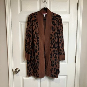 Isaac Mizrahi Live! Leopard Print Knit Cardigan Duster Open Front Pockets Size L - Picture 1 of 7