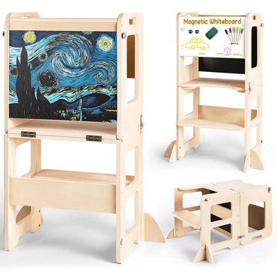 TABURETE DE COCINA 4 EN 1 DE MADERA PARA NIÑOS PEQUEÑOS, PLEGABLE APRENDER, MADERA - MADERA Foto 1 de 4