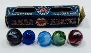 Original Vintage Akro Agate Box 5 Slag Marbles Multi Colors Mint Condition - Picture 1 of 9