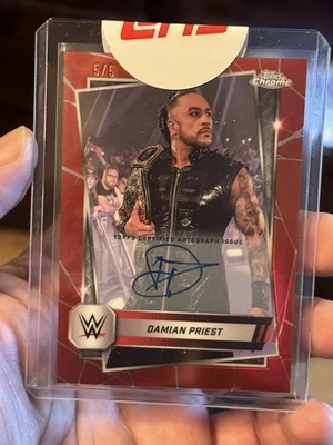 DAMIAN PRIEST 2025 TOPPS CHROME WWE RED REFRACTOR AUTO 5/5 BOOKEND (Redemption) - Image 1 of 4
