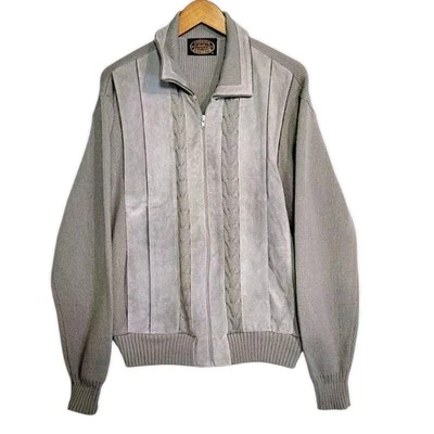 VINTAGE Emporium Tan Leather Suede Panel Sweater Jacket Full Zip Size XL Knit - Image 1 of 4