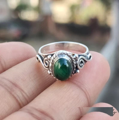 Anillo boho aniversario plata esterlina 925 piedras preciosas malaquita todas las tallas R326 Foto 1 de 4